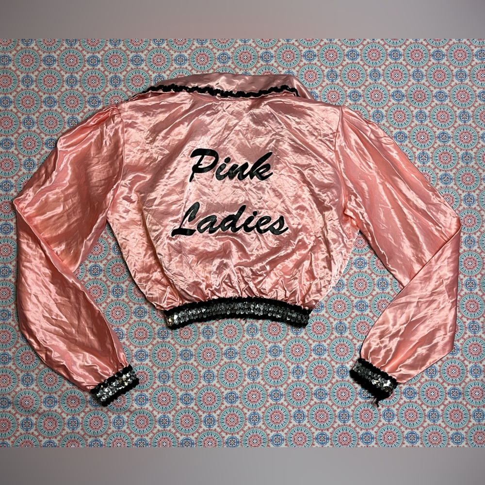 “Pink Ladies” pink Jacket bomber Adult Sz Medium sequins dance costume